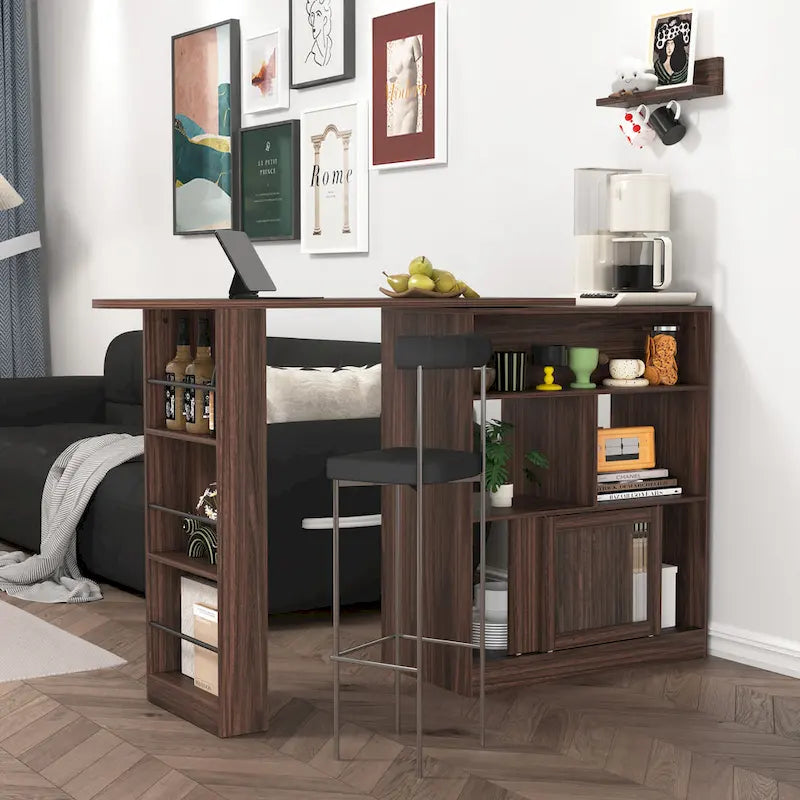 Modern Bar Cabinet with Rotating Top, Counter Height Dining Cabinet with 6 Storage Space and 2 Ribbed Glass Door