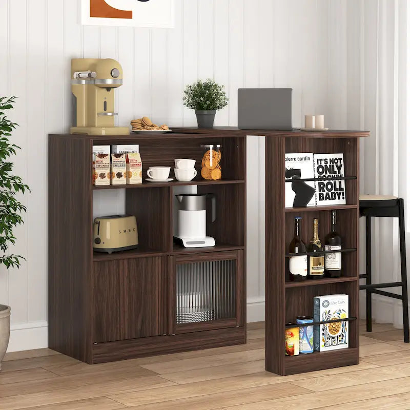 Modern Bar Cabinet with Rotating Top, Counter Height Dining Cabinet with 6 Storage Space and 2 Ribbed Glass Door