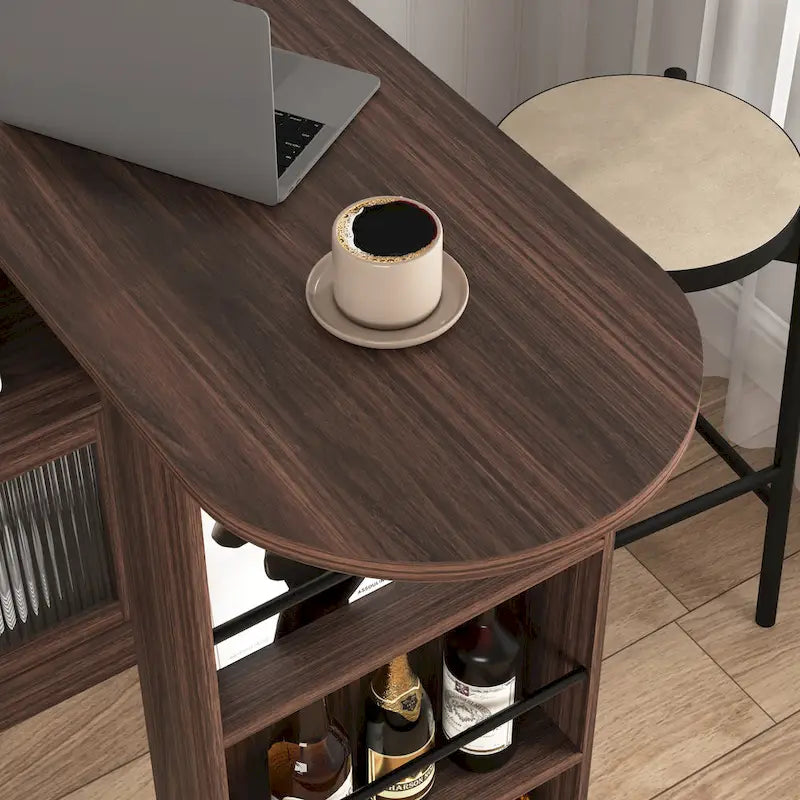 Modern Bar Cabinet with Rotating Top, Counter Height Dining Cabinet with 6 Storage Space and 2 Ribbed Glass Door