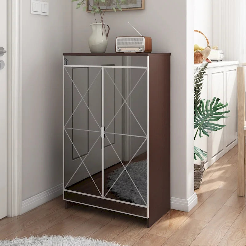 Mirrored Cabinet with Silver Edging,Mirrored Cabinet with Double Door Storage,Shoe Storage Cabinet