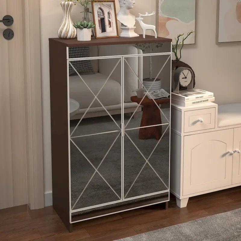 Mirrored Cabinet with Silver Edging,Mirrored Cabinet with Double Door Storage,Shoe Storage Cabinet
