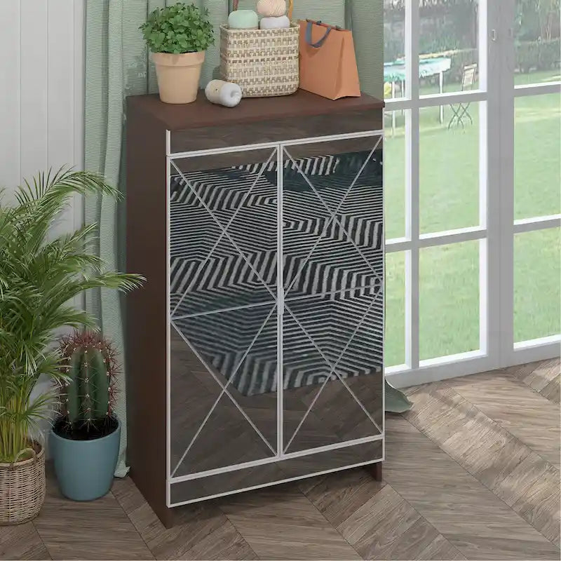 Mirrored Cabinet with Silver Edging,Mirrored Cabinet with Double Door Storage,Shoe Storage Cabinet