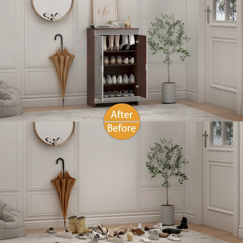 Mirrored Cabinet with Silver Edging,Mirrored Cabinet with Double Door Storage,Shoe Storage Cabinet