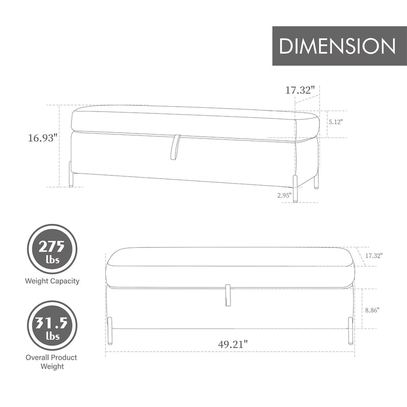 49.21Wide Velvet Storage Soft Bench for Living Room, Entryway and Bedroom