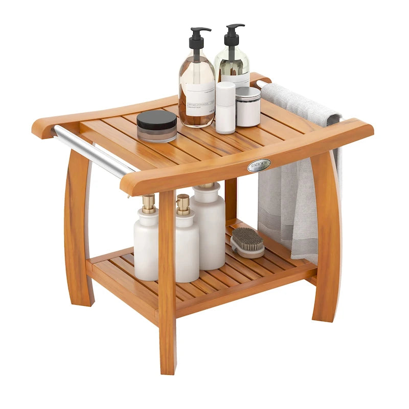 Teak Wood Shower Bench 2-Tier Wooden Shower Stool Curved Seat