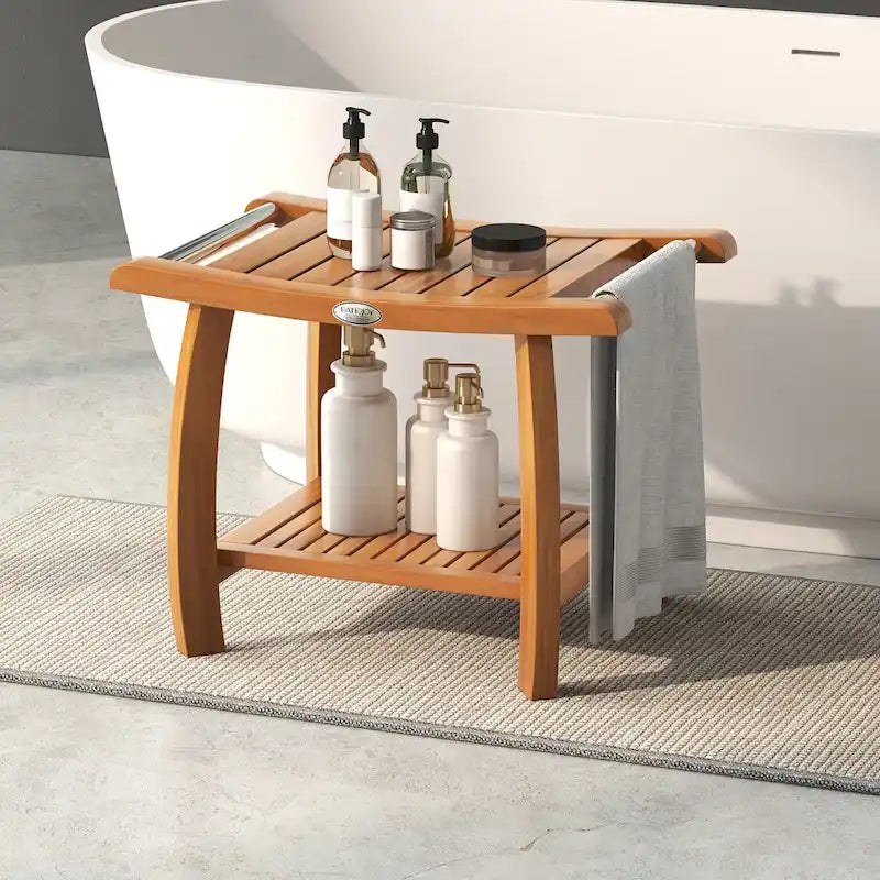 Teak Wood Shower Bench 2-Tier Wooden Shower Stool Curved Seat