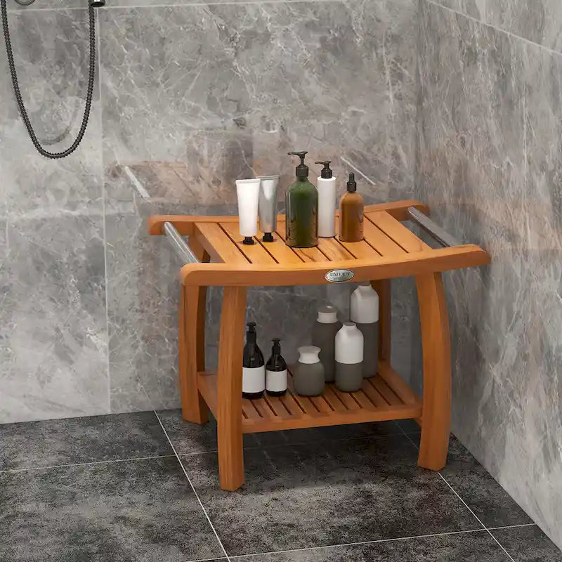 Teak Wood Shower Bench 2-Tier Wooden Shower Stool Curved Seat