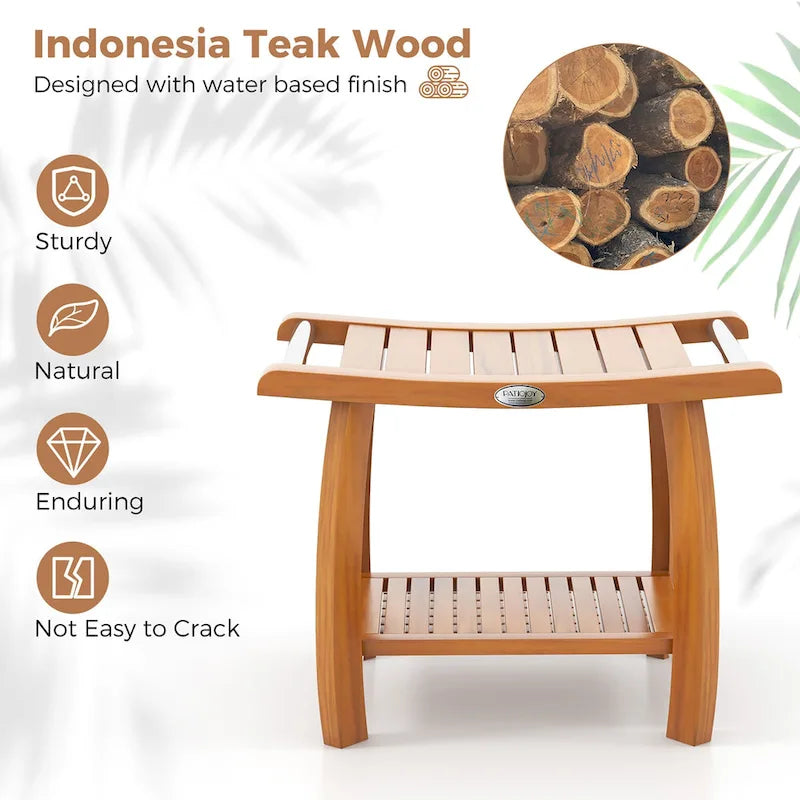 Teak Wood Shower Bench 2-Tier Wooden Shower Stool Curved Seat