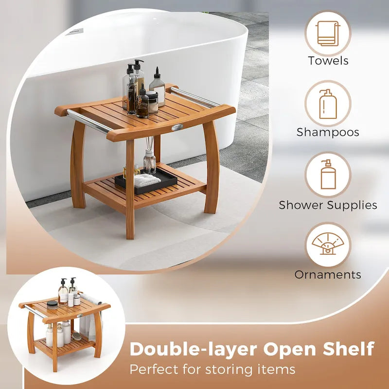 Teak Wood Shower Bench 2-Tier Wooden Shower Stool Curved Seat