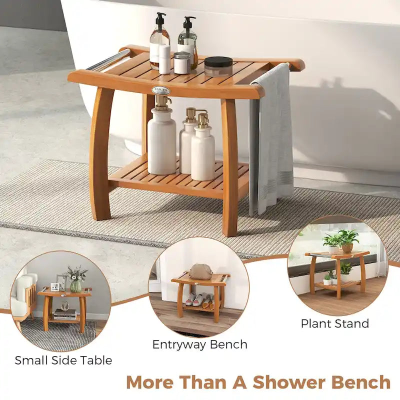 Teak Wood Shower Bench 2-Tier Wooden Shower Stool Curved Seat
