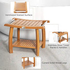 Teak Wood Shower Bench 2-Tier Wooden Shower Stool Curved Seat