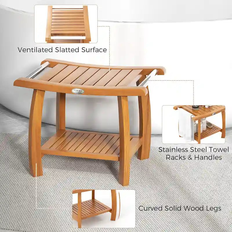Teak Wood Shower Bench 2-Tier Wooden Shower Stool Curved Seat