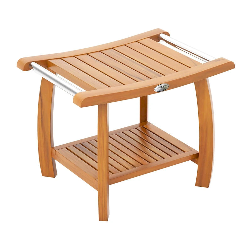 Teak Wood Shower Bench 2-Tier Wooden Shower Stool Curved Seat