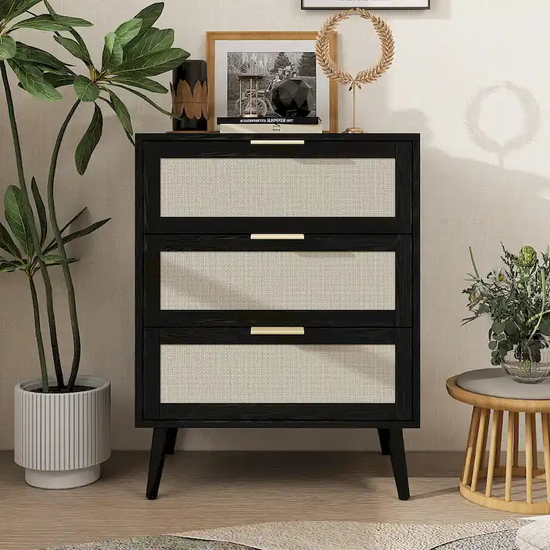 3 Drawer Cabinet Table with Rattan Pine Legs
