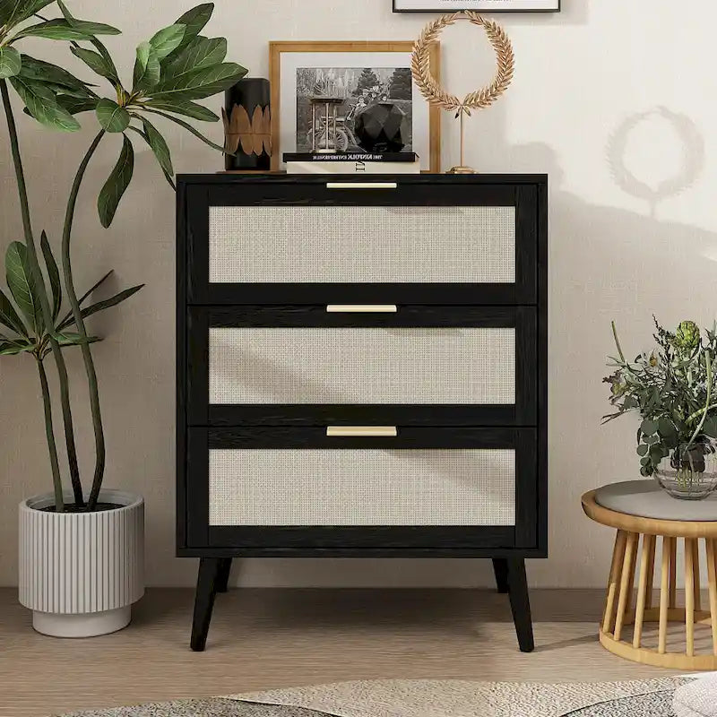 3 Drawer Cabinet Table with Rattan Pine Legs