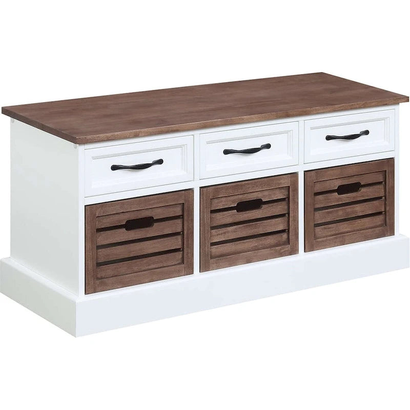 Two Toned Brown/ White Storage Bench with Drawers and Wooden Baskets