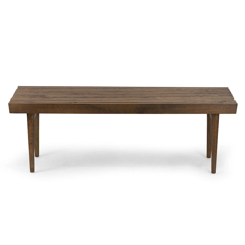 Walnut-Finished Slatted Wooden Bench with Rubberwood Construction
