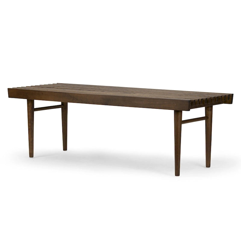 Walnut-Finished Slatted Wooden Bench with Rubberwood Construction
