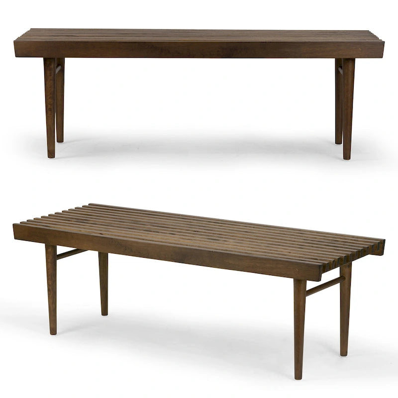 Walnut-Finished Slatted Wooden Bench with Rubberwood Construction