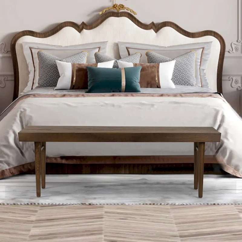 Walnut-Finished Slatted Wooden Bench with Rubberwood Construction