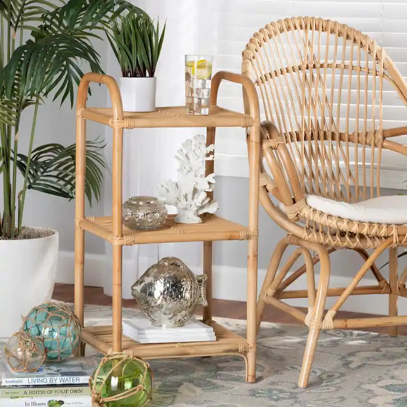 Natural Brown Rattan 3-Tier Open Display Shelf