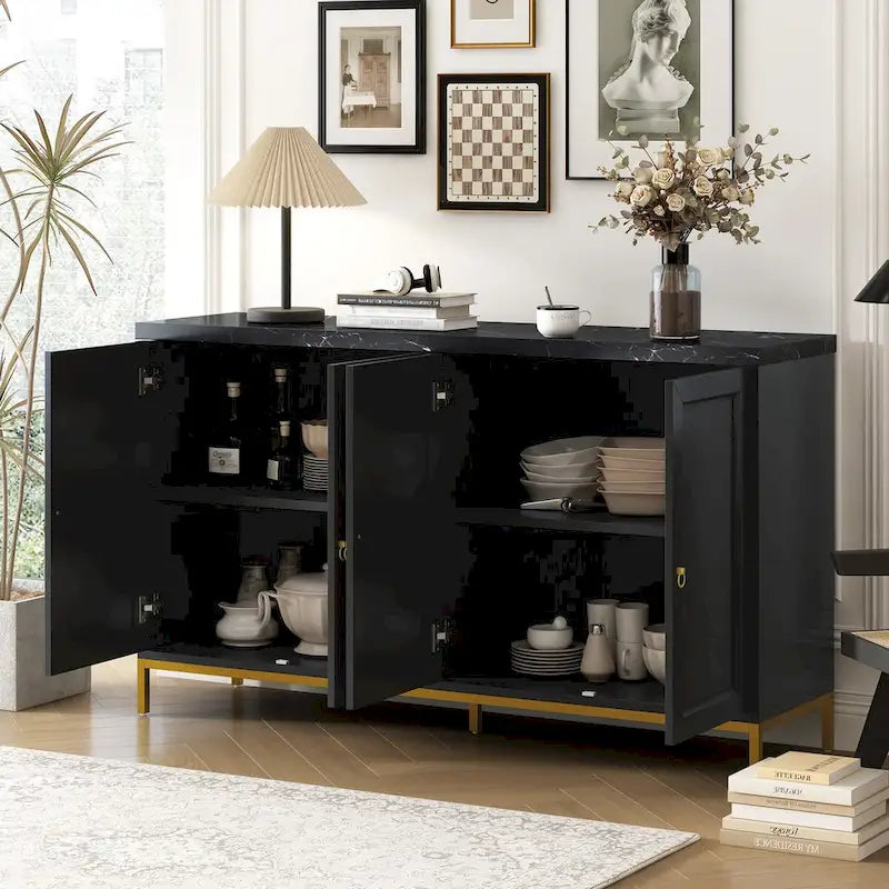 59.3-Inch Modern Four-Door MDF Sideboard with Marble Top