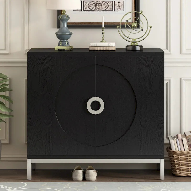 Simple Ash Veneer Accent Storage Cabinet with Metal Legs