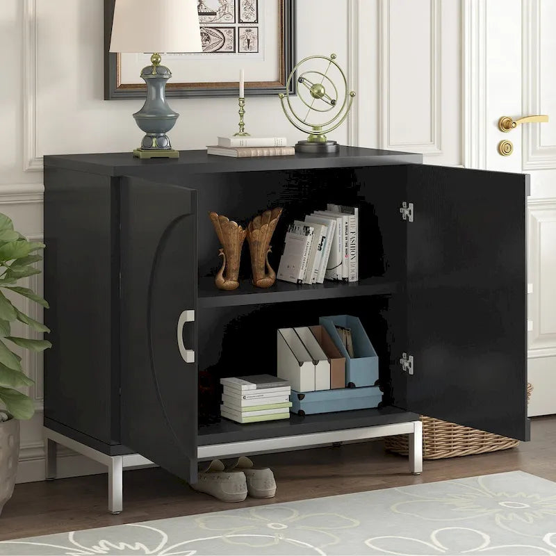 Simple Ash Veneer Accent Storage Cabinet with Metal Legs