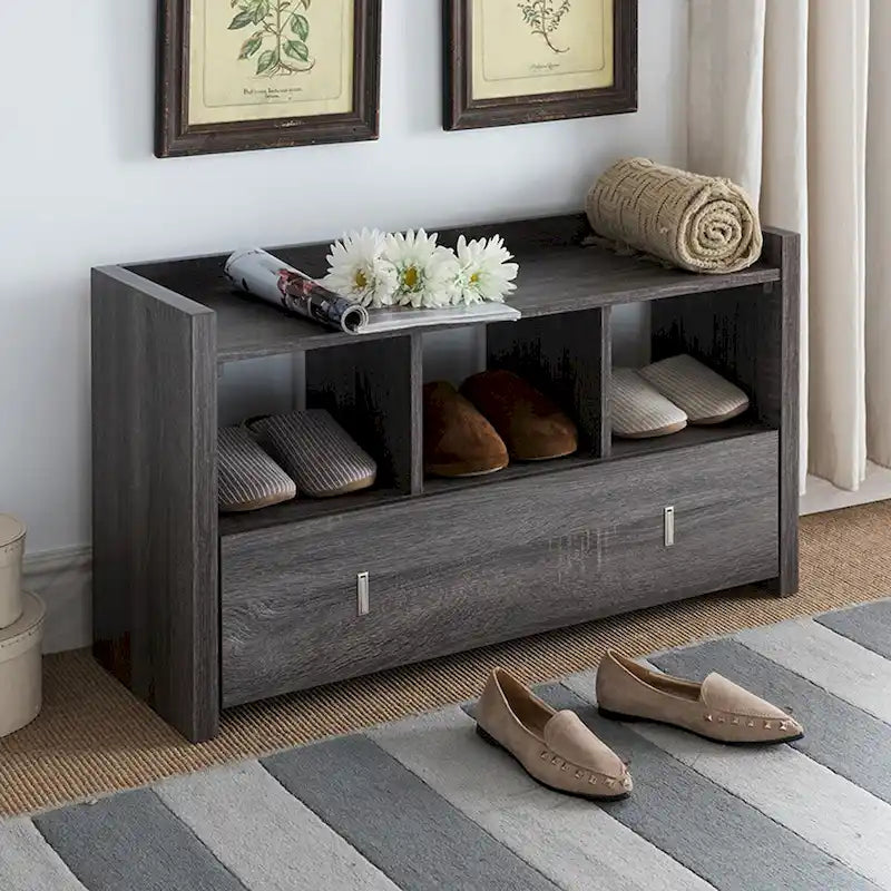 Shoe Entry Bench with Three Shelves, One Drawer with Divided Compartment