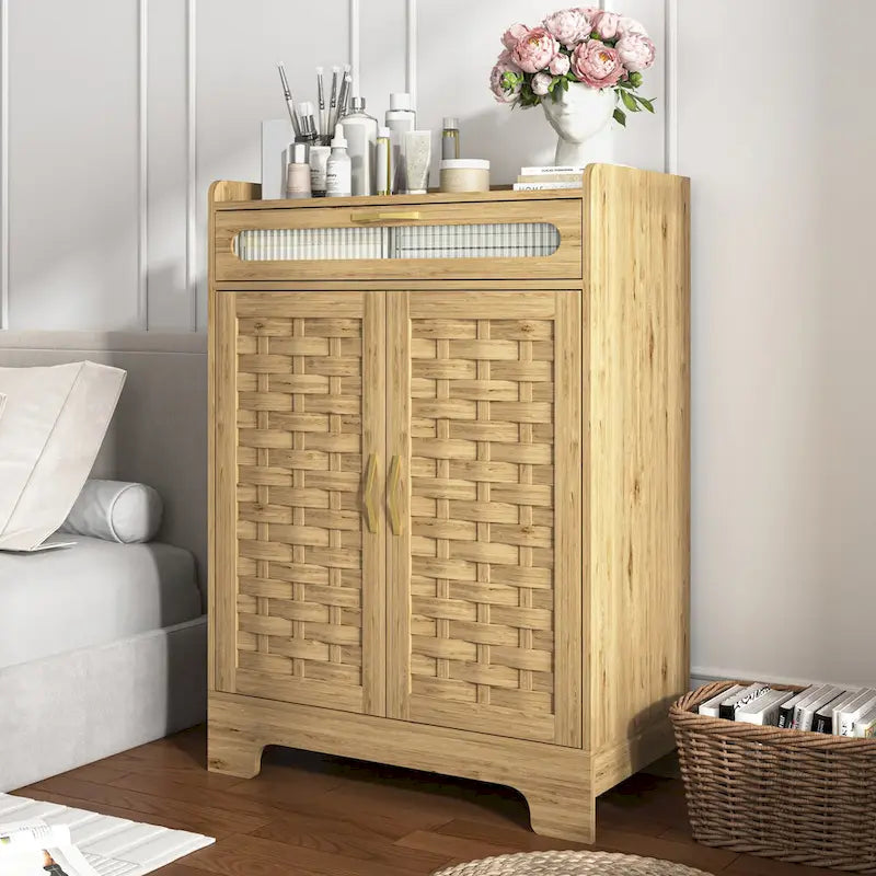 Coffee Bar Cabinet Modern Buffet Sideboard with Drawer Adjustable Shelf and Barn Door