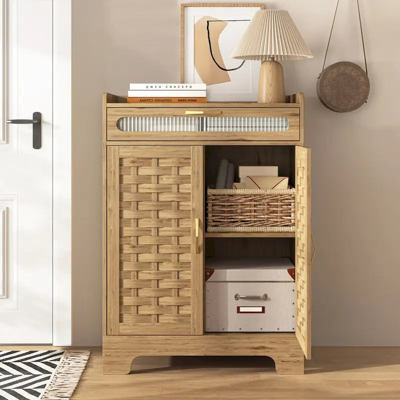 Coffee Bar Cabinet Modern Buffet Sideboard with Drawer Adjustable Shelf and Barn Door