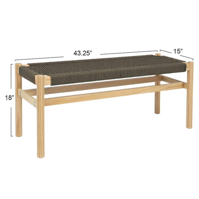 Solid Wood and Woven Rope Entryway Bench - 43.3L x 15.0W x 18.0H