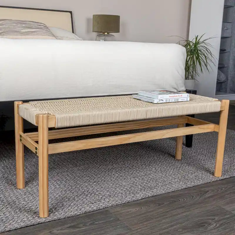 Solid Wood and Woven Rope Entryway Bench - 43.3L x 15.0W x 18.0H