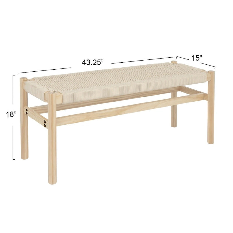 Solid Wood and Woven Rope Entryway Bench - 43.3L x 15.0W x 18.0H