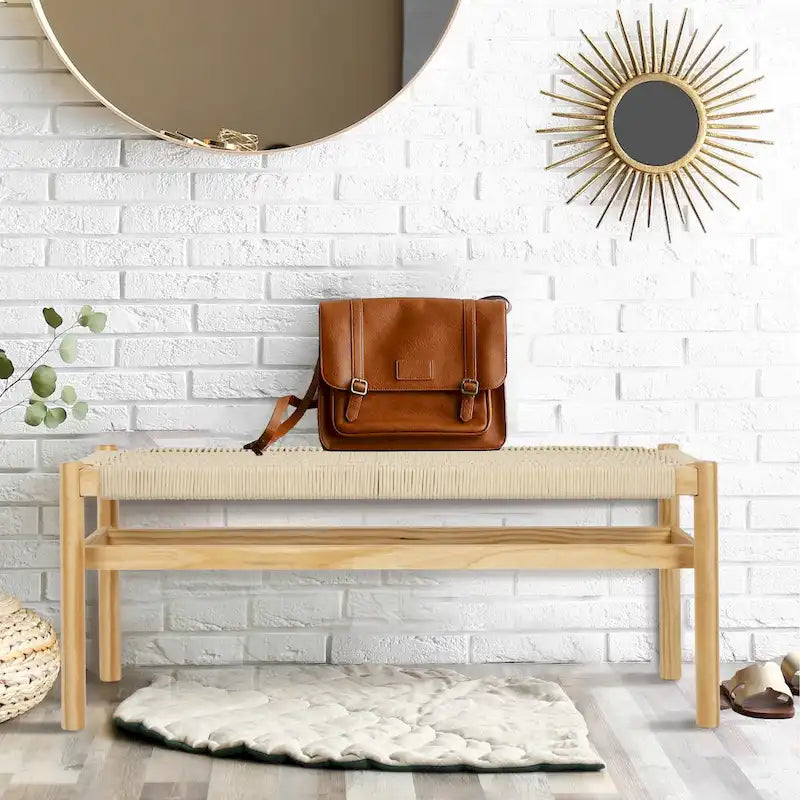 Solid Wood and Woven Rope Entryway Bench - 43.3L x 15.0W x 18.0H