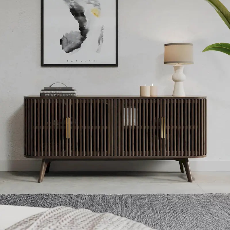 Certified Rubberwood and Acacia Veneer Sideboard with Slatted Doors