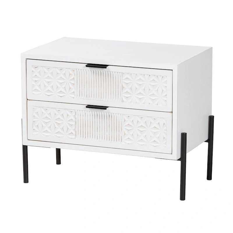 Distressed White Wood and Black Iron 2-Drawer Storage Cabinet