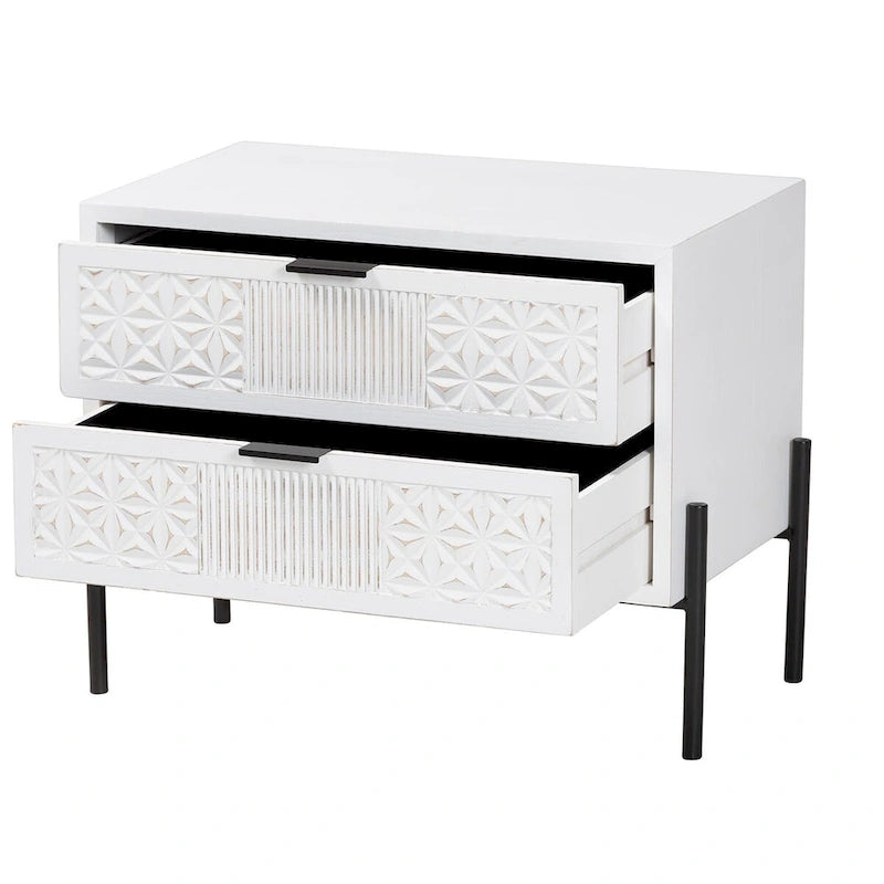 Distressed White Wood and Black Iron 2-Drawer Storage Cabinet