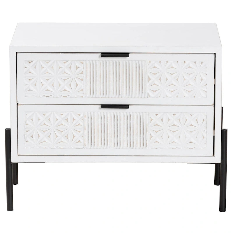 Distressed White Wood and Black Iron 2-Drawer Storage Cabinet