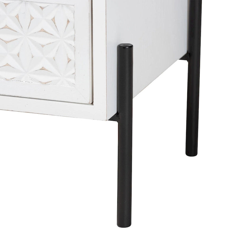 Distressed White Wood and Black Iron 2-Drawer Storage Cabinet