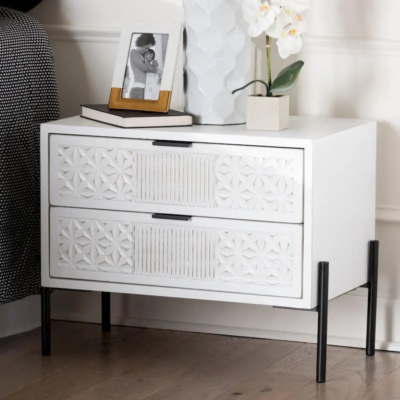 Distressed White Wood and Black Iron 2-Drawer Storage Cabinet