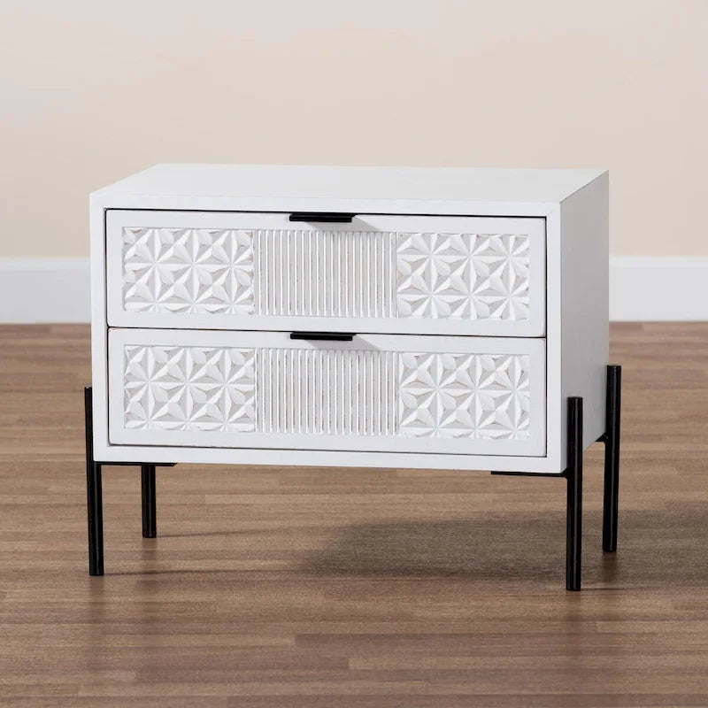 Distressed White Wood and Black Iron 2-Drawer Storage Cabinet