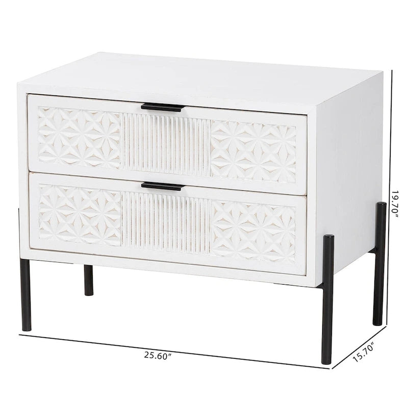 Distressed White Wood and Black Iron 2-Drawer Storage Cabinet
