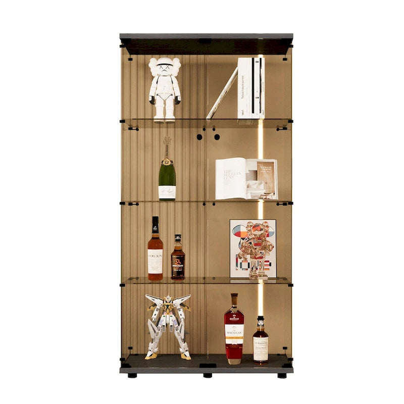 Two-door Glass Display Cabinet 4 Shelves with Door, Floor Standing Curio Bookshelf ,64.7*31.7*14.3,Black