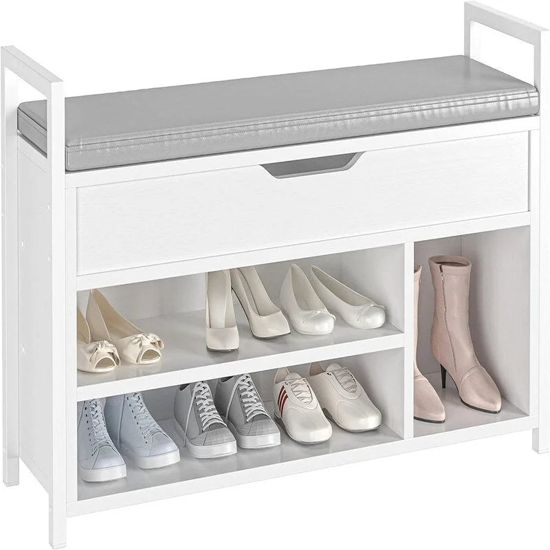 White Shoe Storage Bench with Hidden Compartment - 11.8D x 35.4W x 24.4H