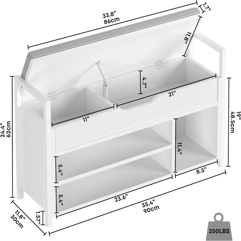 White Shoe Storage Bench with Hidden Compartment - 11.8D x 35.4W x 24.4H