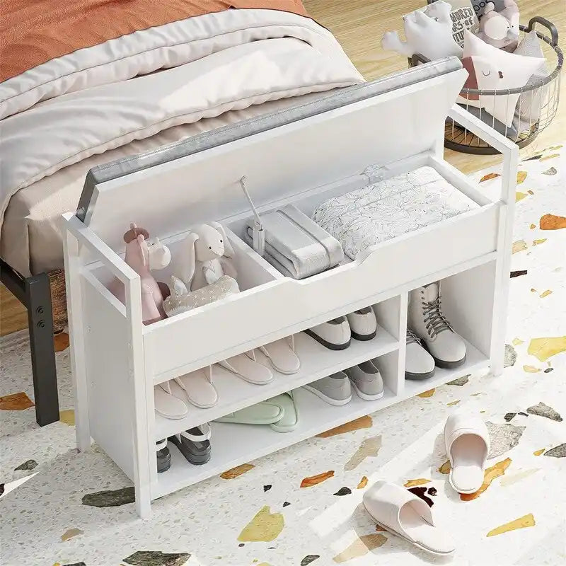 White Shoe Storage Bench with Hidden Compartment - 11.8D x 35.4W x 24.4H