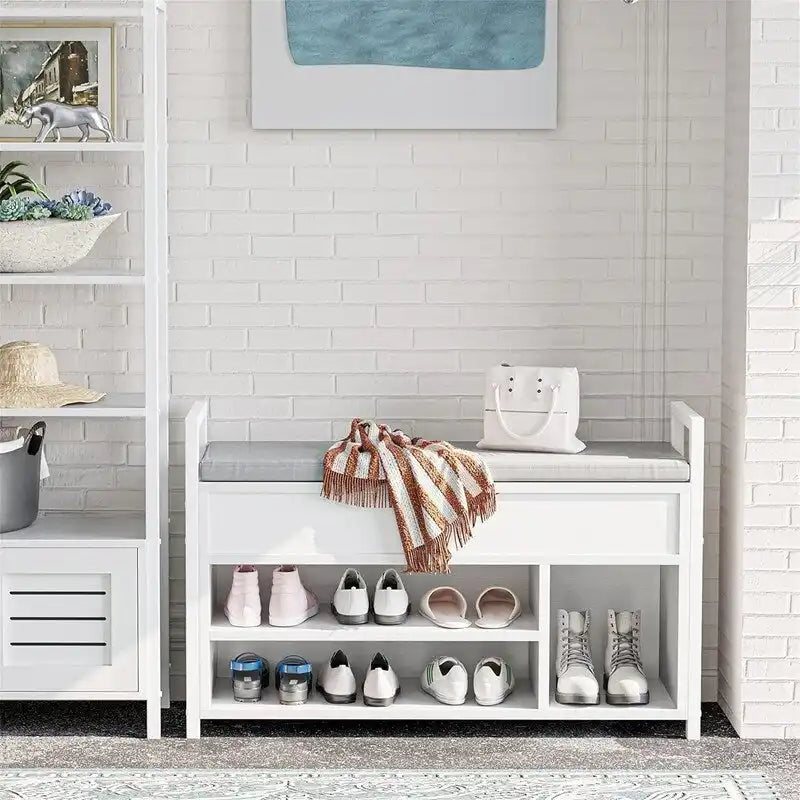 White Shoe Storage Bench with Hidden Compartment - 11.8D x 35.4W x 24.4H
