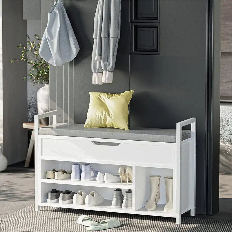 White Shoe Storage Bench with Hidden Compartment - 11.8D x 35.4W x 24.4H