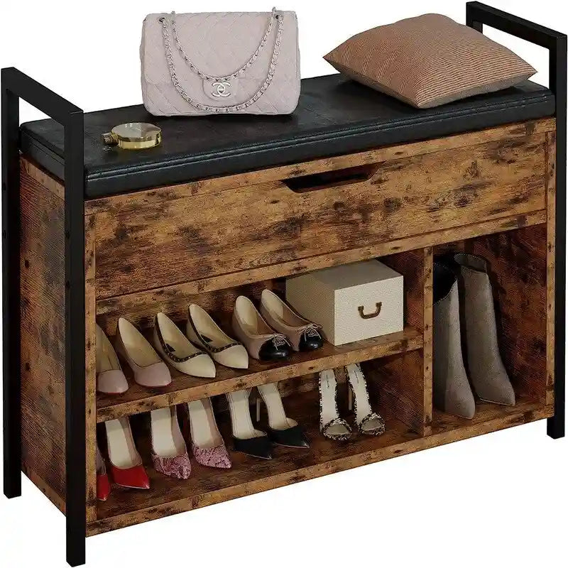 White Shoe Storage Bench with Hidden Compartment - 11.8D x 35.4W x 24.4H